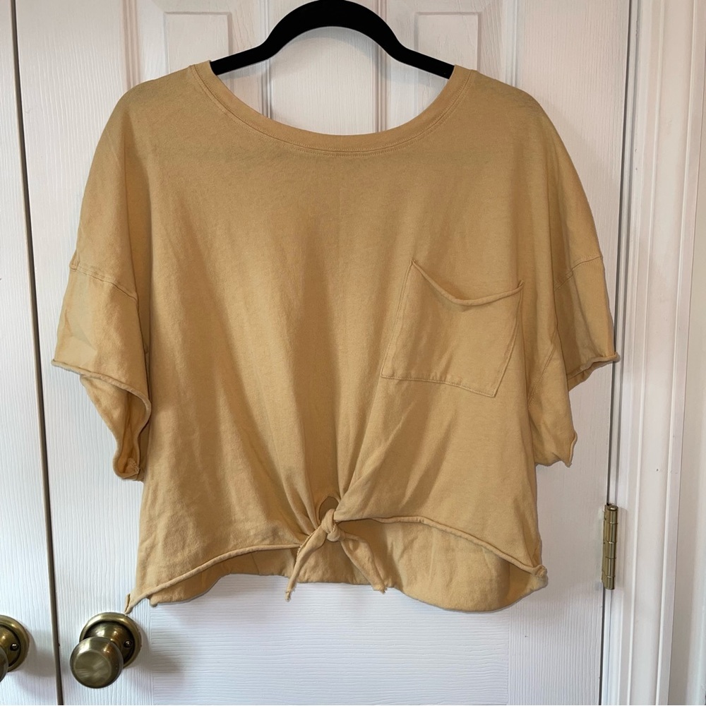 aerie Short Sleeve Tie-Hem Pocket Tee in Pale Yellow - Picture 4 of 8